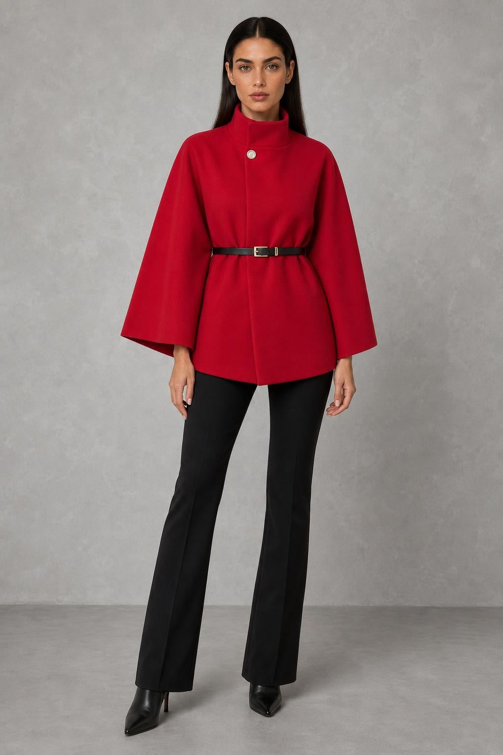 Nancy | High-Neck Belted Cape Jacket — lifestyle — Helena [05ee6c71-51f7-4152-9a6c-fdbe36057c1d]