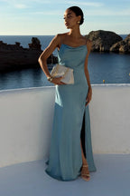 Constança | Draped-Back Satin Maxi Dress with Side Split
