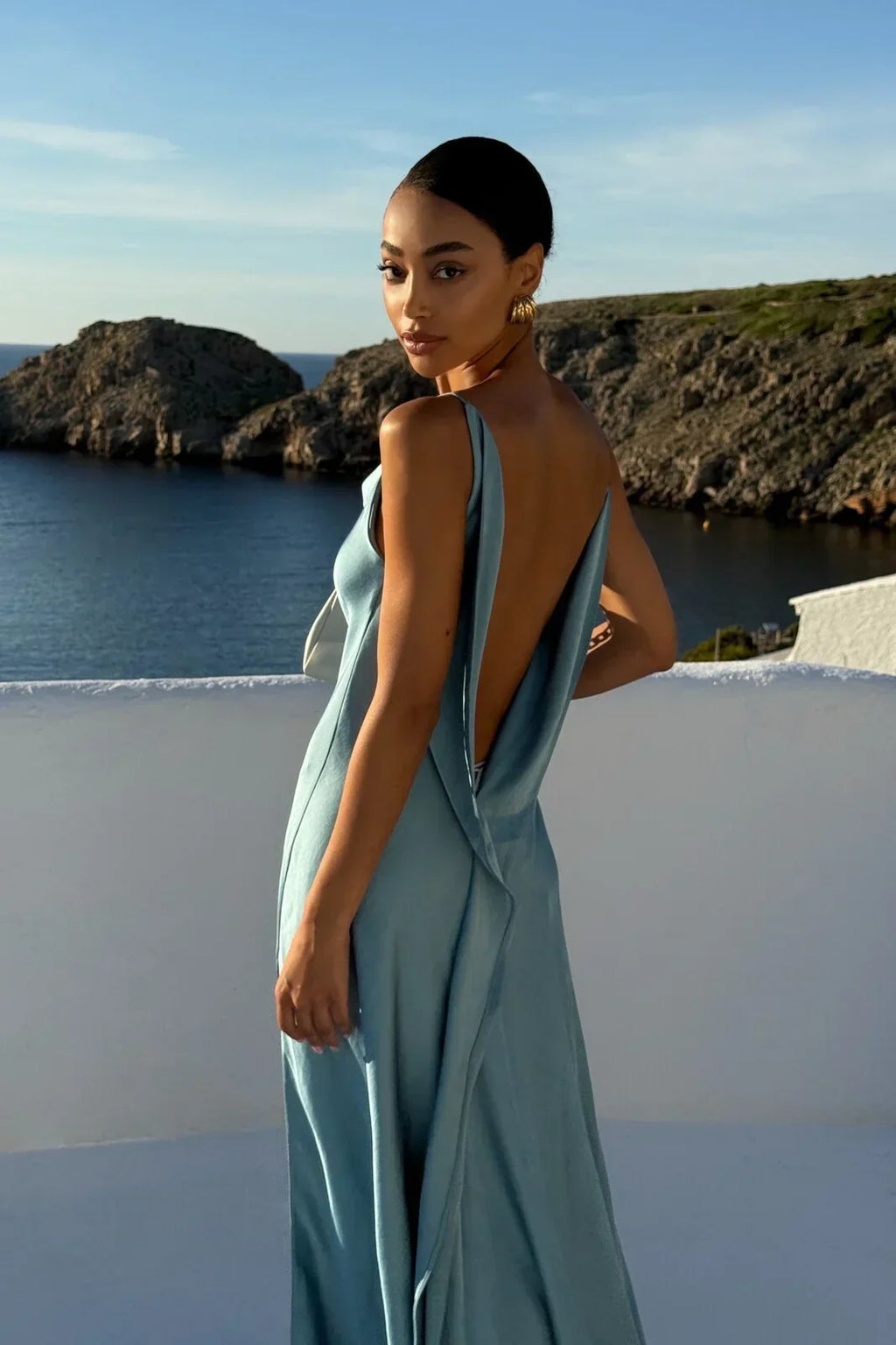 Constança | Draped-Back Satin Maxi Dress with Side Split