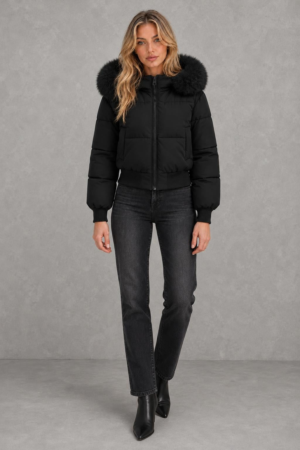 Lily | Plush-Hood Cropped Puffer Jacket — studio_front — Sofia [61e3b180-853f-4ed4-aa4c-0ccb1367fe3d]