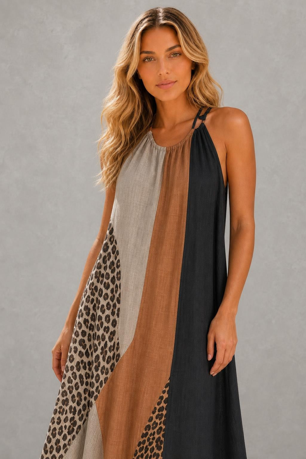 Additional view of Myrna | Leopard Colour-Block Halter Maxi Dress