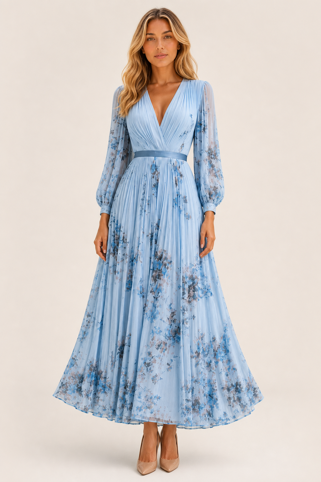 Simone | Floral Pleated Maxi Dress with Waist Sash