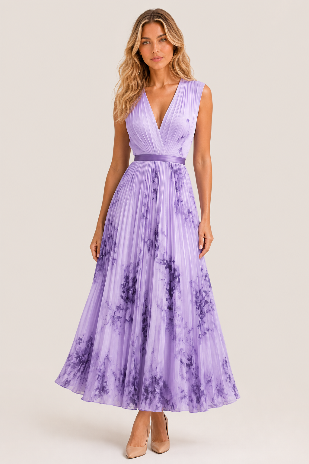 Simone | Floral Pleated Maxi Dress with Waist Sash