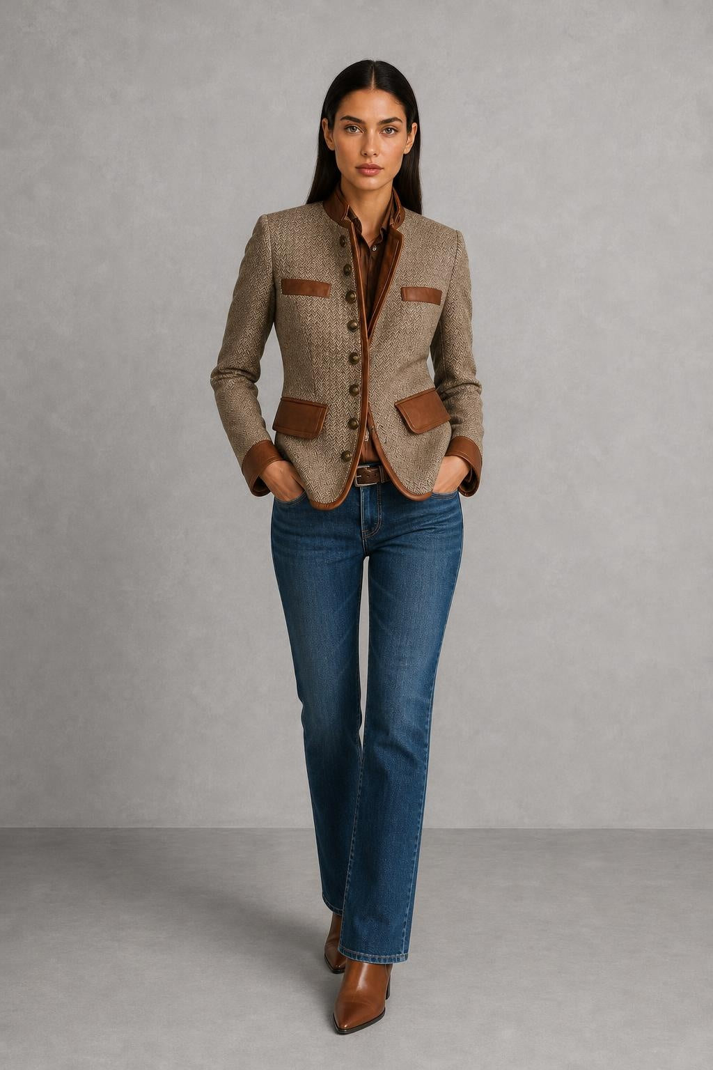 Isabel | Contrast-Trim Herringbone Jacket — lifestyle — Helena [3e735a54-8be5-46ad-914d-ae7f768c09b0]