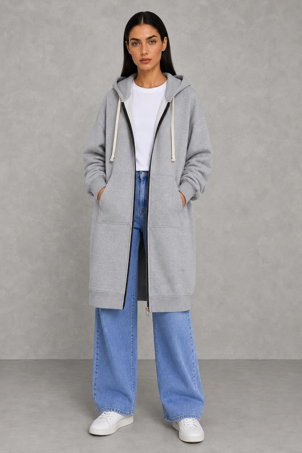 Martha | Longline Drawstring Zip Hoodie — lifestyle — Helena [7135e24b-24e6-43e5-a6fd-8a616cc8eb24]