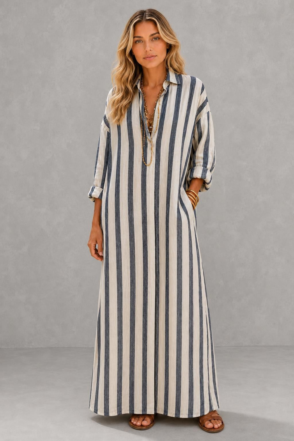 Additional view of Nadia | Striped Shirt Maxi Dress