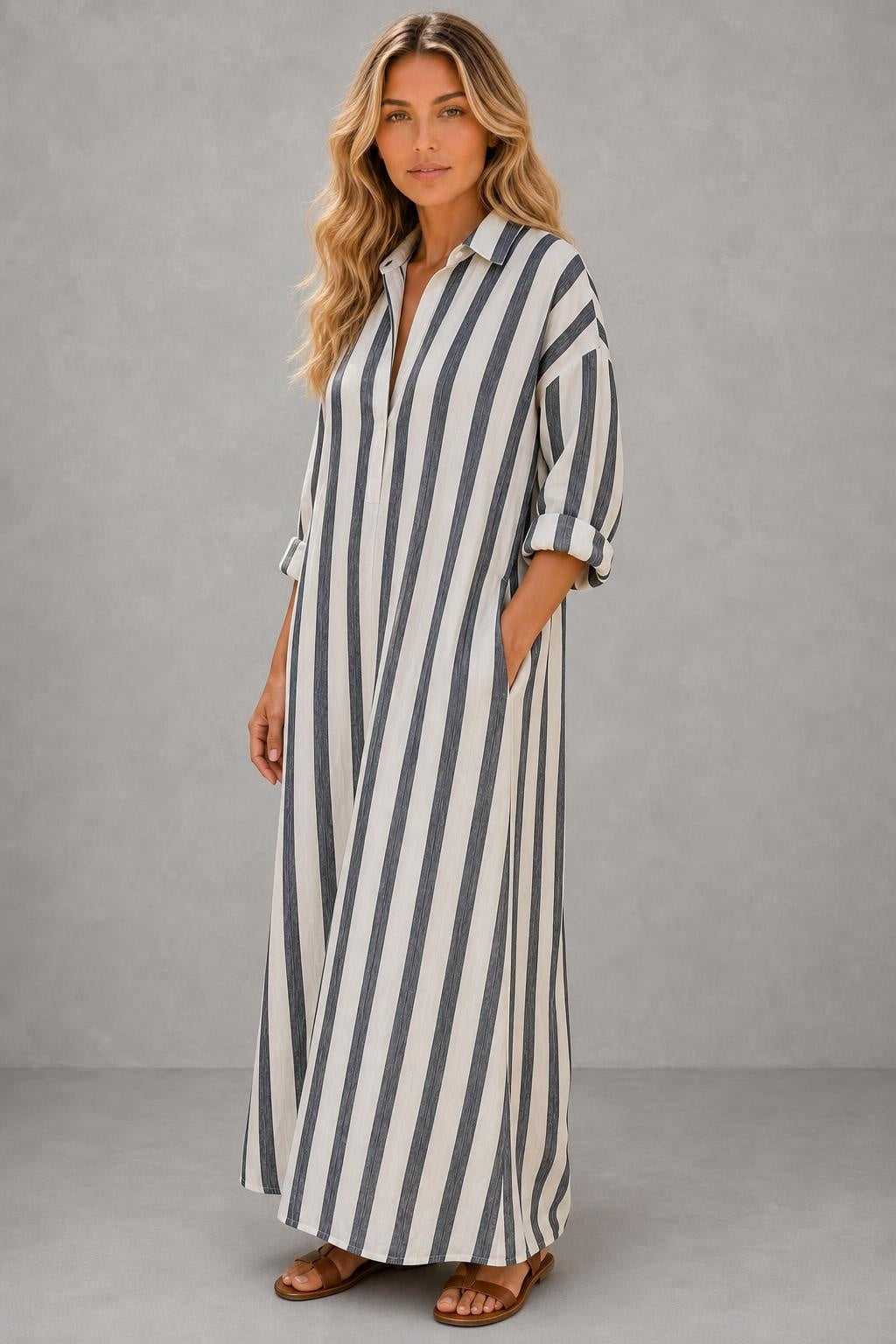 Additional view of Nadia | Striped Shirt Maxi Dress