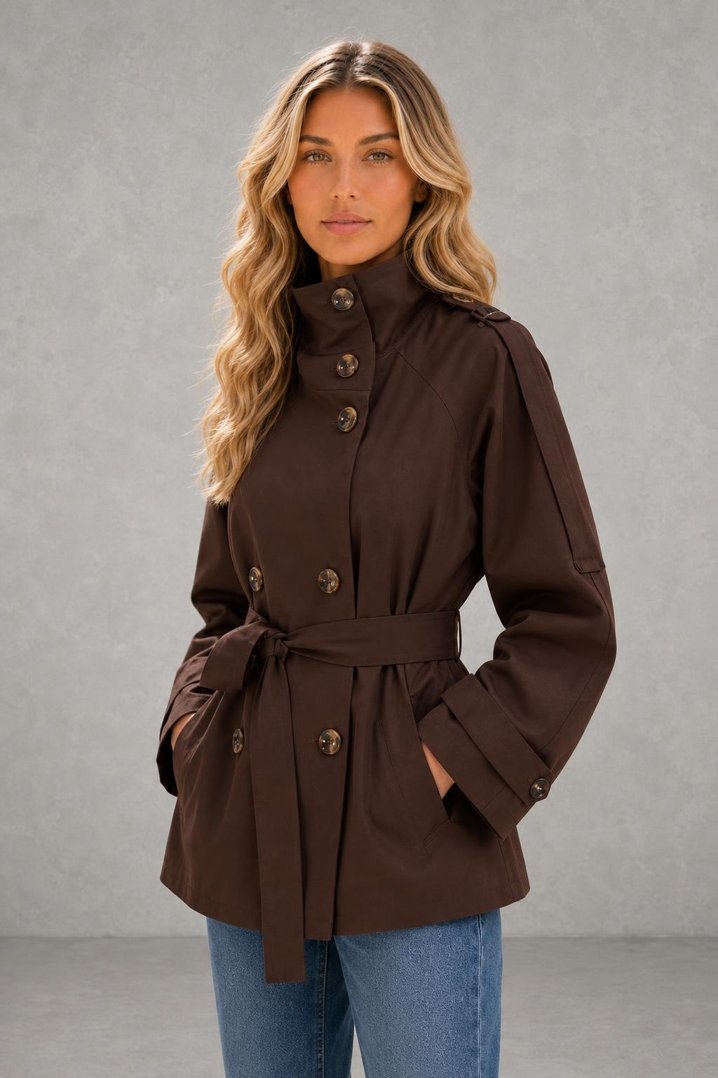 Layla | High-Collar Belted Trench Jacket — studio_three_quarter — Sofia [888163d4-2f60-4500-a091-29c9a2955d3d]