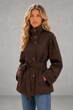 Layla | High-Collar Belted Trench Jacket — studio_three_quarter — Sofia [888163d4-2f60-4500-a091-29c9a2955d3d]