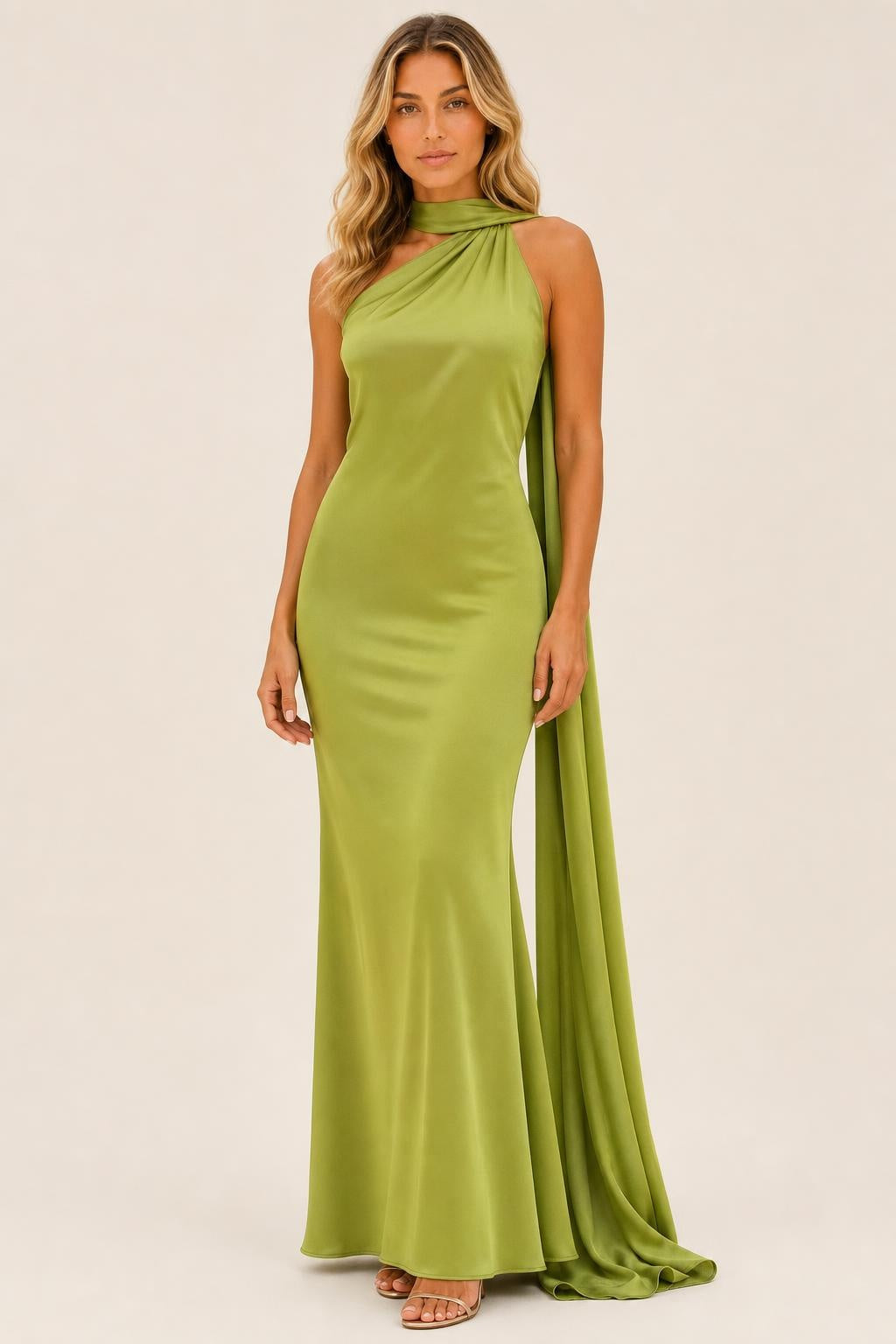 Isabelle | One-Shoulder Satin Maxi Dress with Cape Detail
