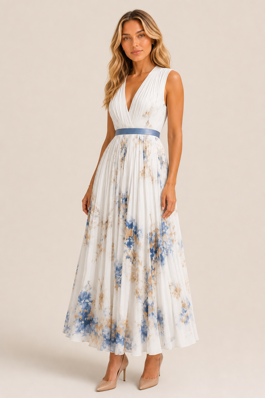 Simone | Floral Pleated Maxi Dress with Waist Sash