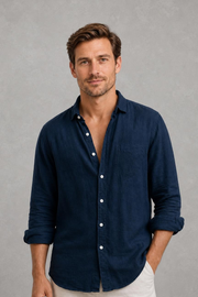 Hugo | Curved-Hem Linen-Blend Shirt — studio_front — Charles [8e0332c0-1923-4c2b-9390-03913724ad5f]