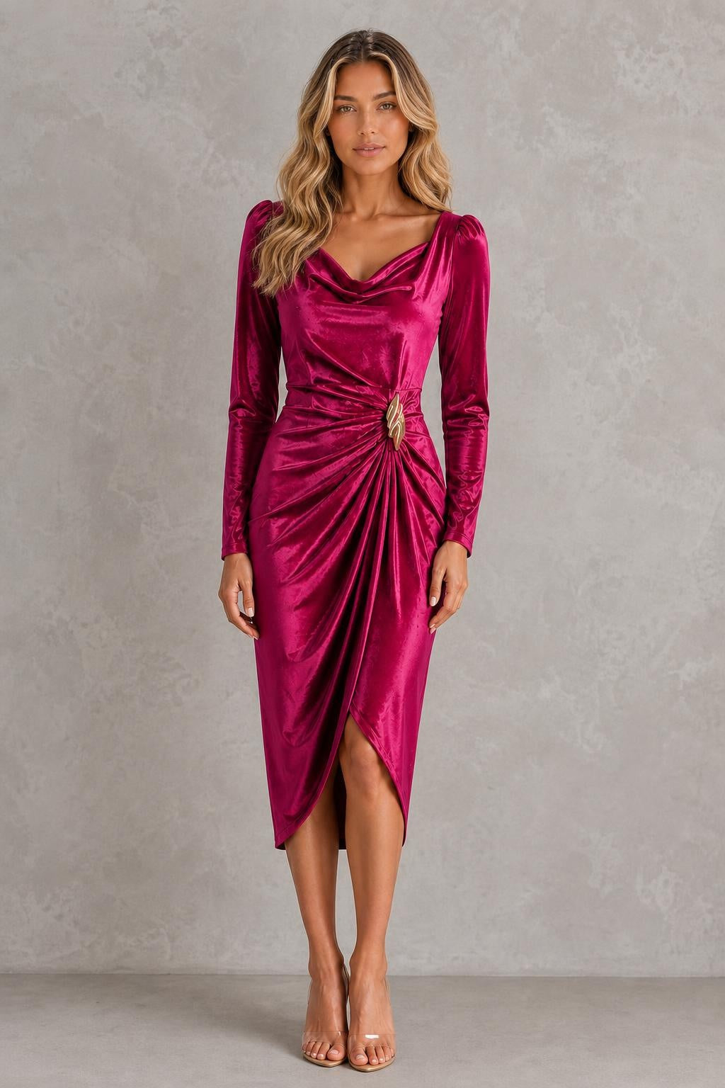 Women’s Velvet Ruched Midi Dress with Gold-Tone Waist Detail – Long Sleeve Style — studio_front — Sofia [45747c7f-50d9-4830-a7fc-4f1e5c3972b0]