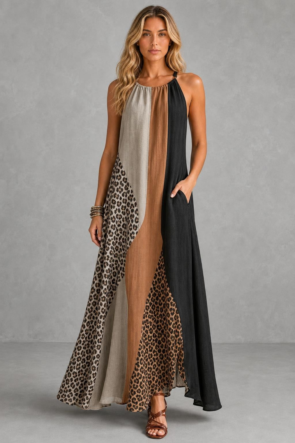 Myrna | Leopard Colour-Block Halter Maxi Dress