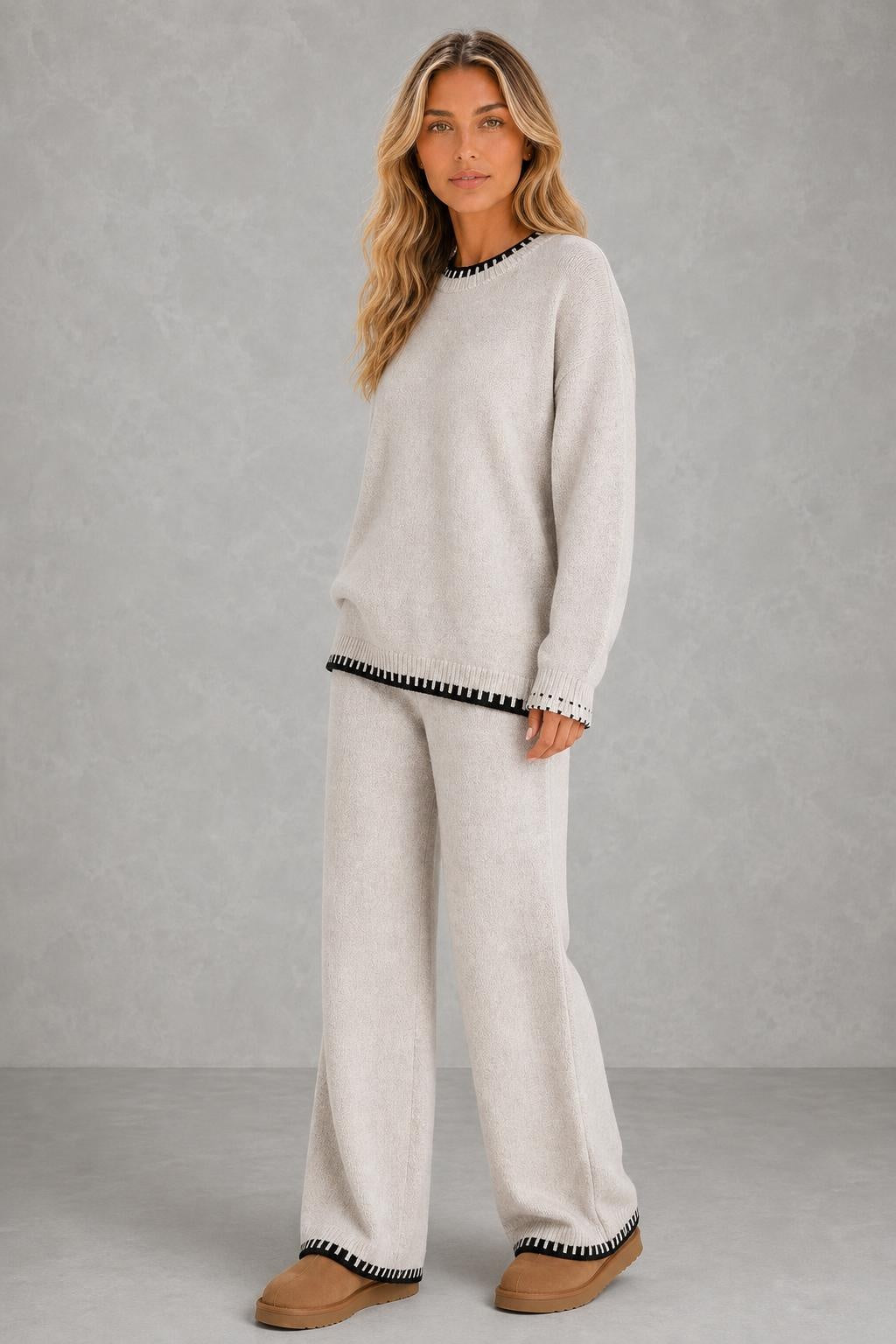 Daisy | Contrast-Trim Knit Trouser Set — studio_three_quarter — Sofia [5b2d91a5-c9d5-4211-bfa4-be6c0fee0517]