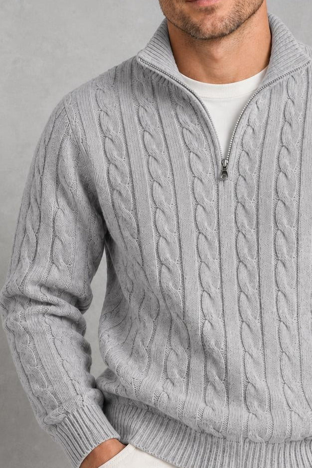 David | Cable-Knit Quarter-Zip Jumper — studio_closeup — Charles [df188135-d119-4f95-88f9-0e454aa6b911]