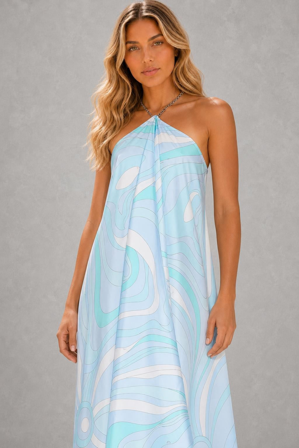 Additional view of Amara | Printed Halter Asymmetric Maxi Dress