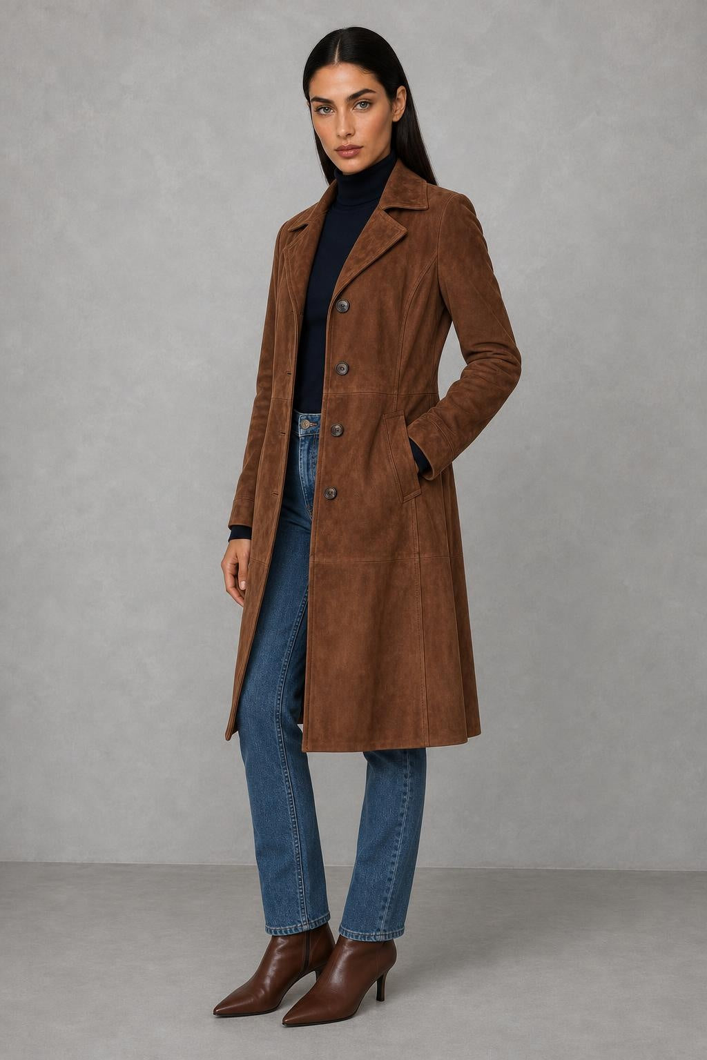 Jessica | Suede-Look Lapel Longline Coat — studio_three_quarter — Helena [b2af61da-a7be-460a-91b1-3c891fb3ed6f]