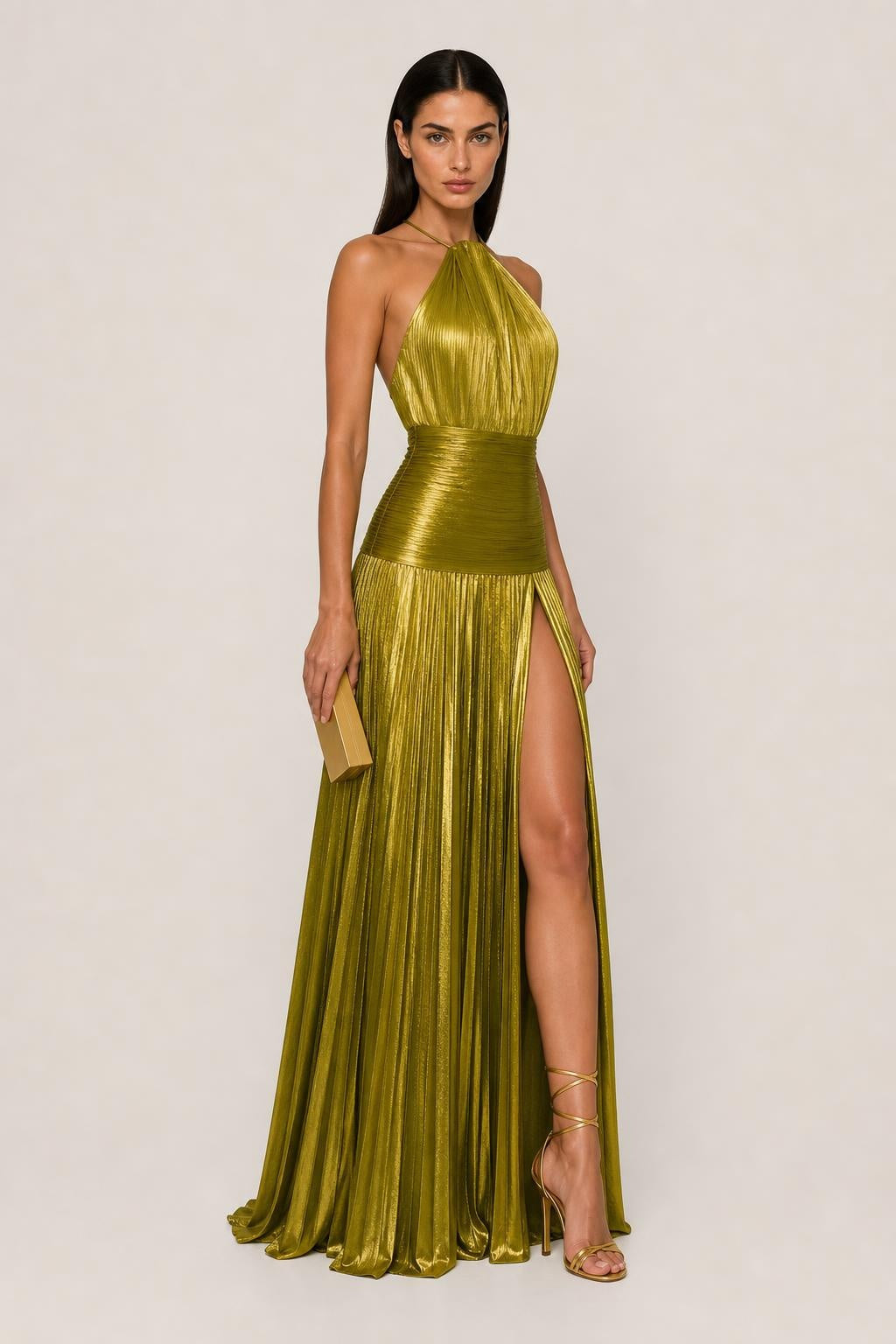 Sienna | Metallic Pleated Halter Maxi Dress with Side Split