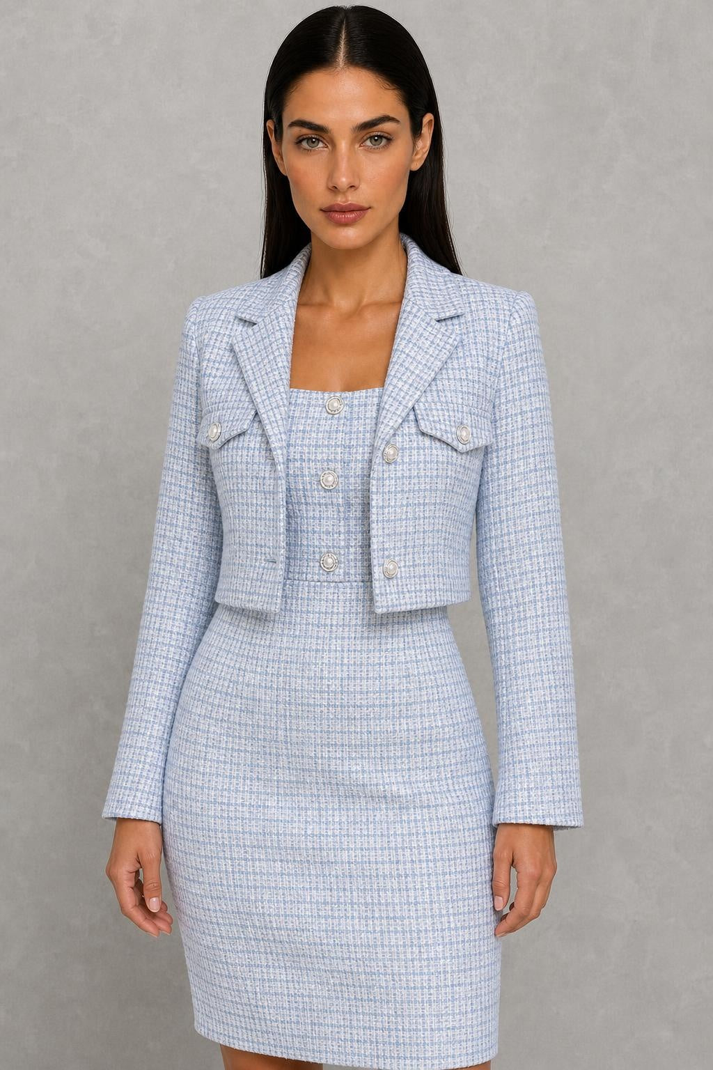 Lottie | Textured Midi Dress and Cropped Blazer — studio_closeup — Helena [e8340a98-4e9e-43ff-8685-d2b492ca6f7c]