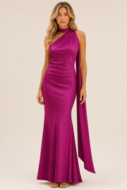 Additional view of Isabelle | One-Shoulder Satin Maxi Dress with Cape Detail
