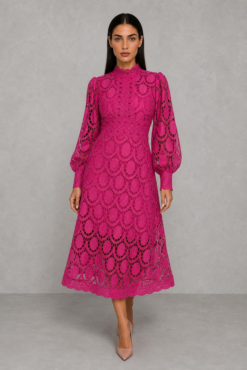 Ivey Openwork Lace Midi Dress — studio_front — Helena [1b49997d-62d4-425a-aa8a-446aa6ba5b04]