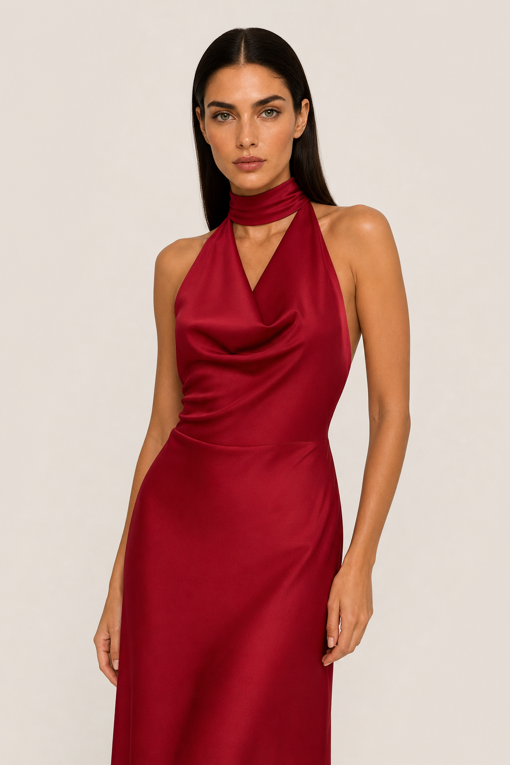 Additional view of Octavia | Draped-Neck Satin Midi Dress