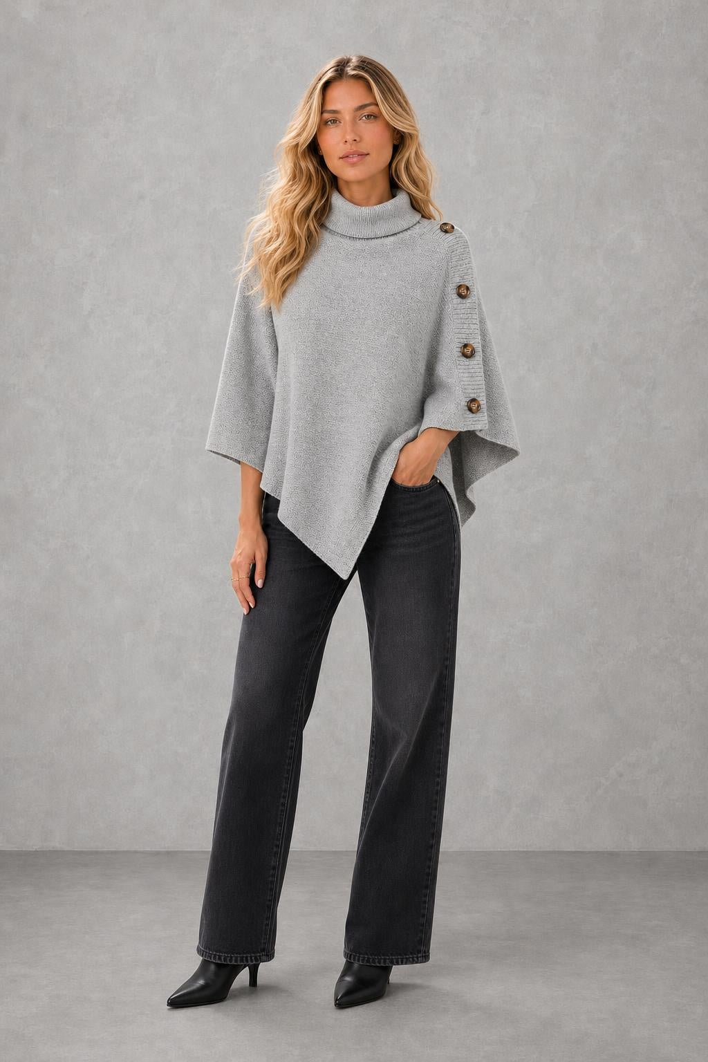 Darcie | Button-Shoulder Asymmetric Knit Poncho — lifestyle — Sofia [54dc6d2e-d7ab-42cf-bae7-80848aeb48e9]