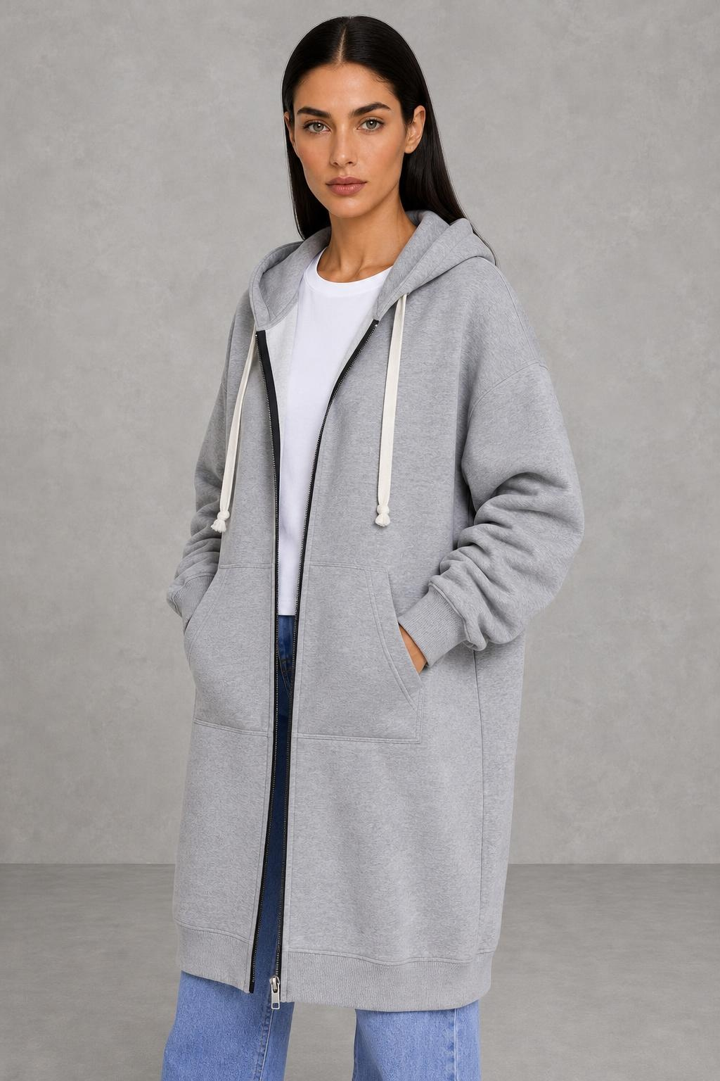 Martha | Longline Drawstring Zip Hoodie — studio_three_quarter — Helena [cf7fa82c-ba32-41bc-b3cf-f6c1a5f826f0]