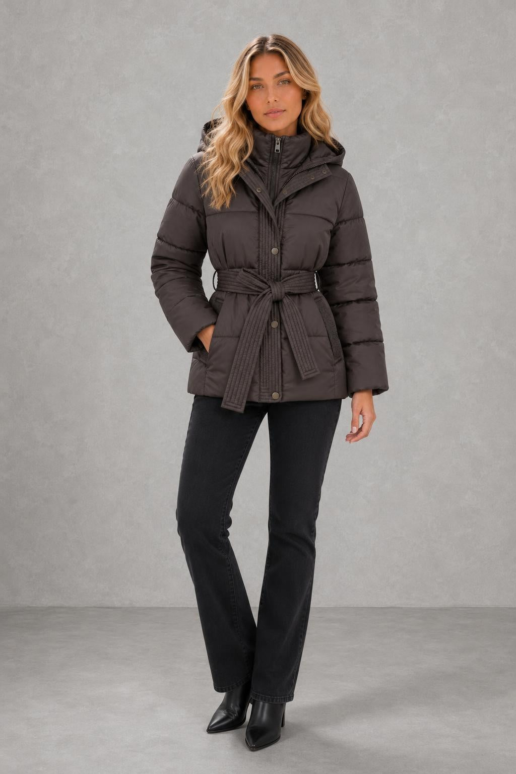 Hannah | Tie-Waist Quilted Hooded Jacket — studio_front — Sofia [97699bb5-d103-4109-8840-f0caa9aaeb3e]