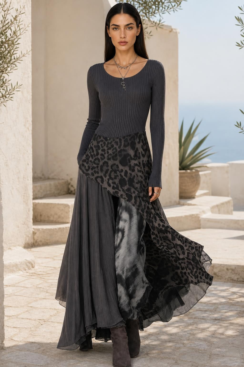Georgia | Animal-Print Overlay Knit Maxi Dress