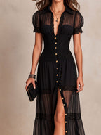Rafaela | Puff-Sleeve Tulle & Lace Maxi Dress