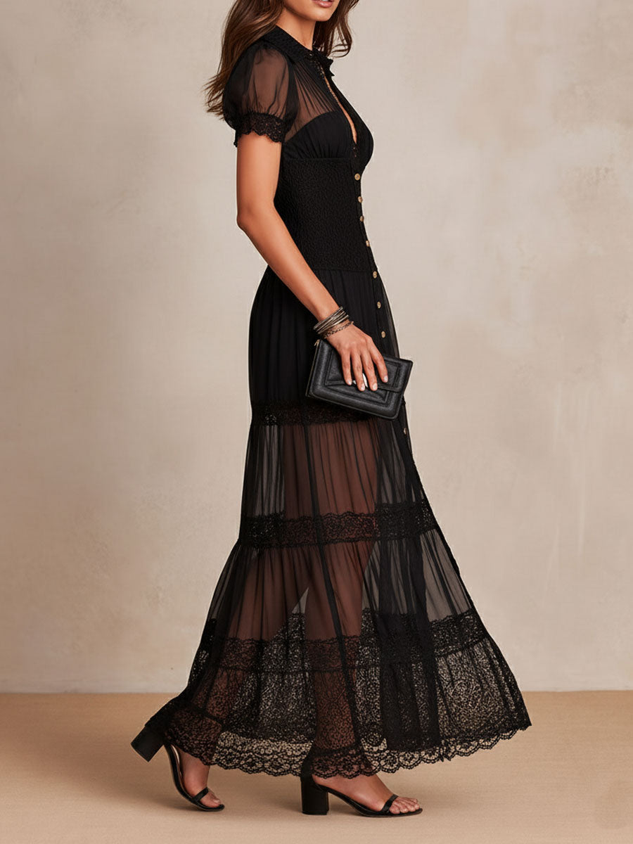Rafaela | Puff-Sleeve Tulle & Lace Maxi Dress