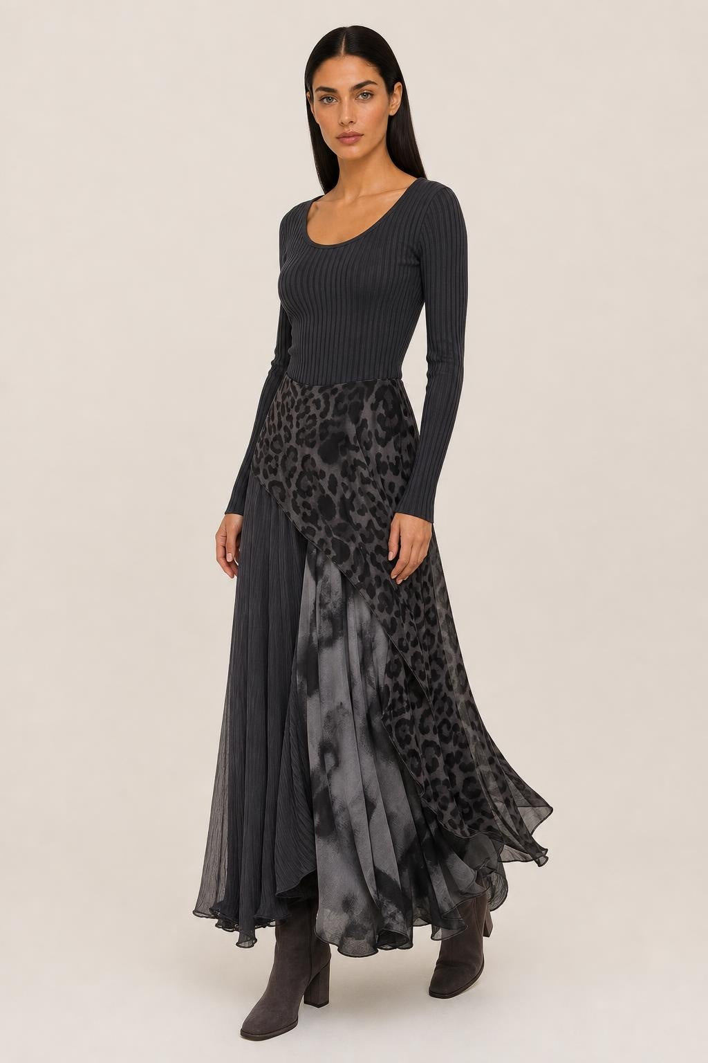 Georgia | Animal-Print Overlay Knit Maxi Dress