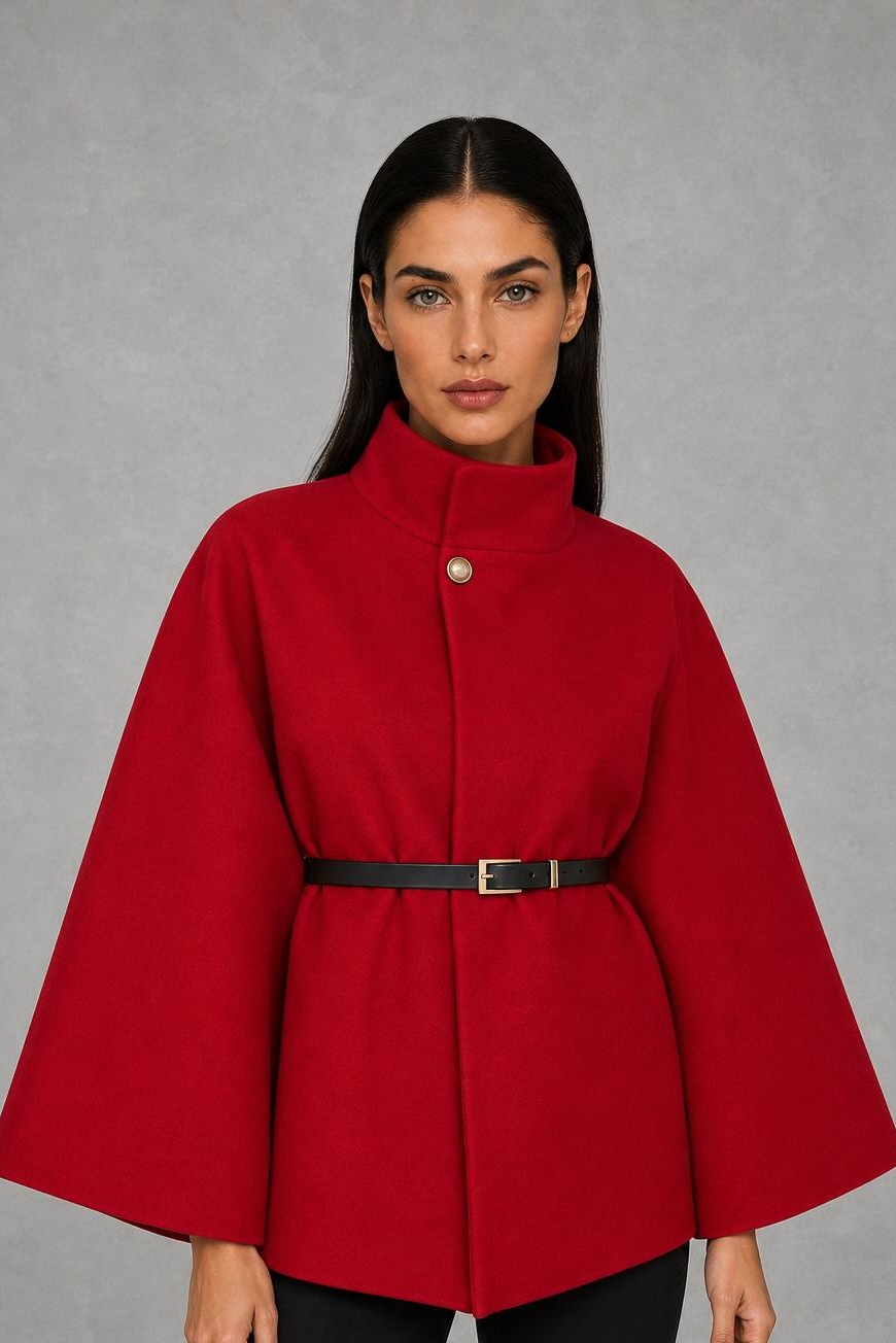Nancy | High-Neck Belted Cape Jacket — studio_front — Helena [84908043-4b77-47b5-a142-c5baa452f34e]