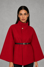 Nancy | High-Neck Belted Cape Jacket — studio_front — Helena [84908043-4b77-47b5-a142-c5baa452f34e]