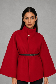 Nancy | High-Neck Belted Cape Jacket — studio_front — Helena [84908043-4b77-47b5-a142-c5baa452f34e]