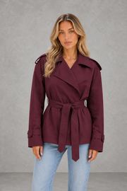 Sadie | Tie-Waist Short Trench Jacket — studio_front — Sofia [20d8f249-5072-4a26-9b8b-5999425e6a7d]