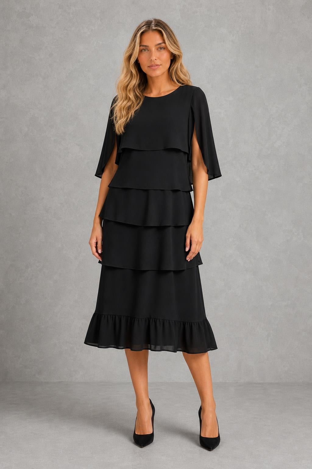Lydia | Split-Sleeve Tiered Midi Dress — studio_front — Sofia [f40d22d7-0e6e-45bd-bcf5-907bb34c891f]
