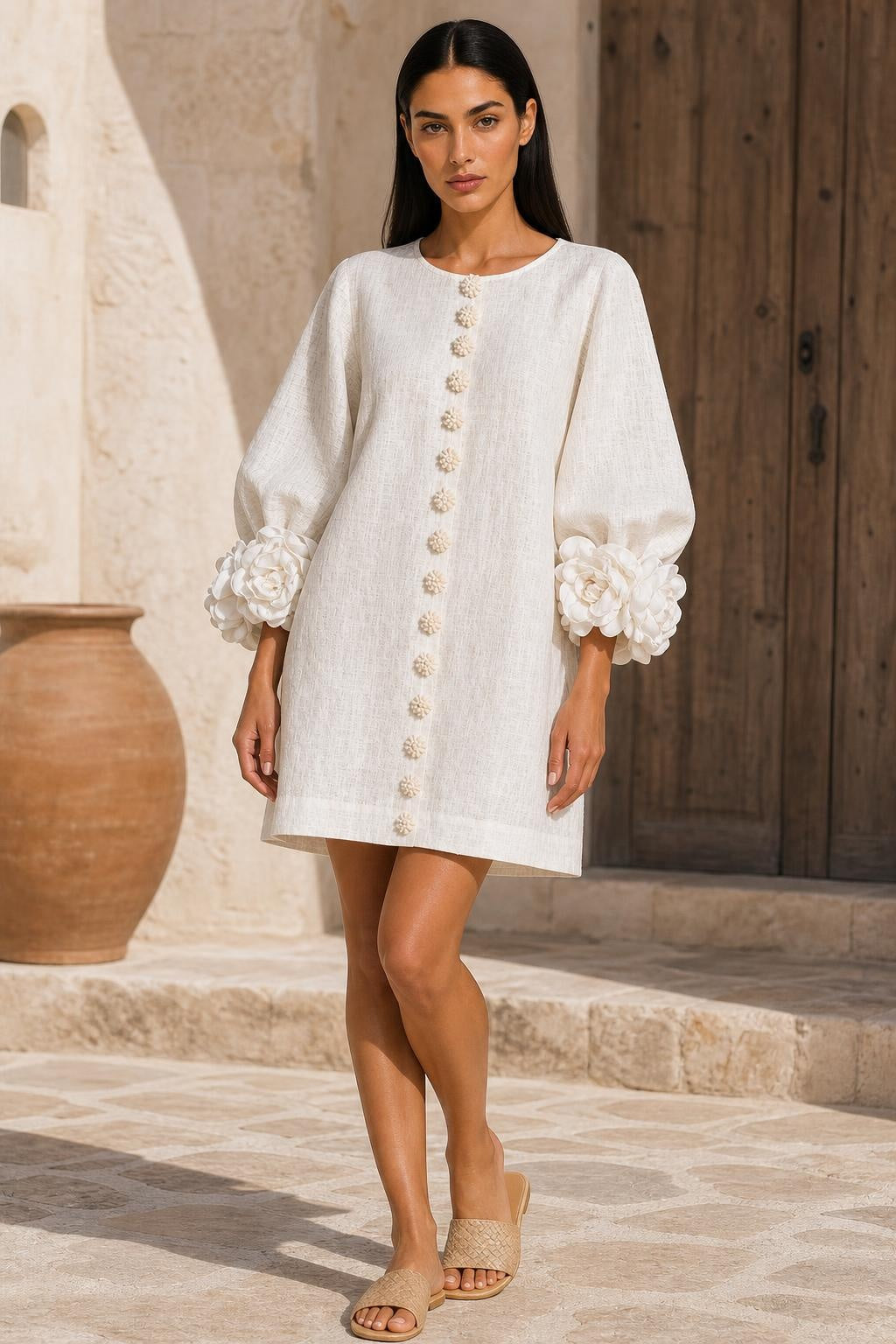 Additional view of Henrietta | Rosette-Cuff Button-Front Mini Dress