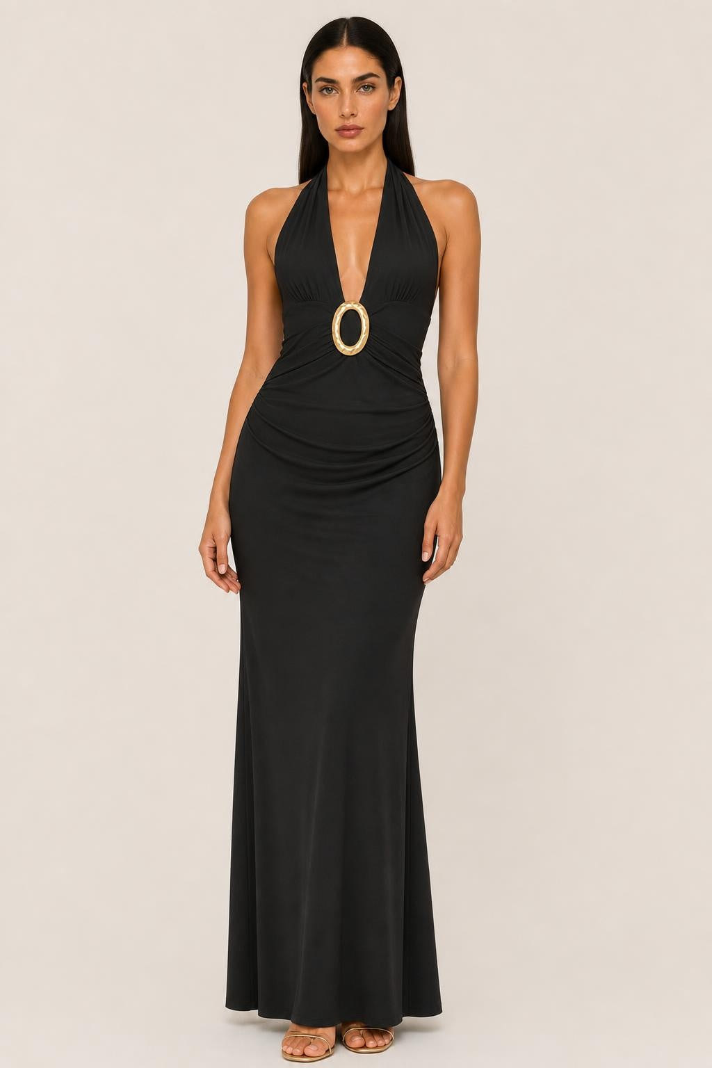 Solange | Gold-Buckle Plunging Halter Maxi Dress