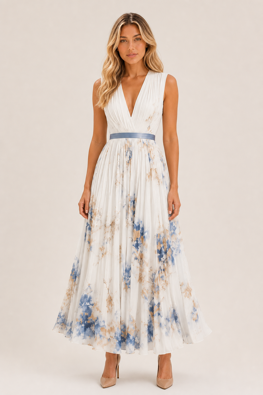 Simone | Floral Pleated Maxi Dress with Waist Sash