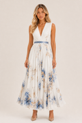 Simone | Floral Pleated Maxi Dress with Waist Sash