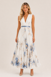 Simone | Floral Pleated Maxi Dress with Waist Sash
