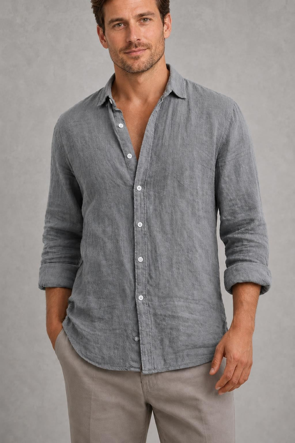 Hugo | Curved-Hem Linen-Blend Shirt — studio_closeup — Charles [cc3e6873-b906-4b64-93a5-b9d80bdd8b52]