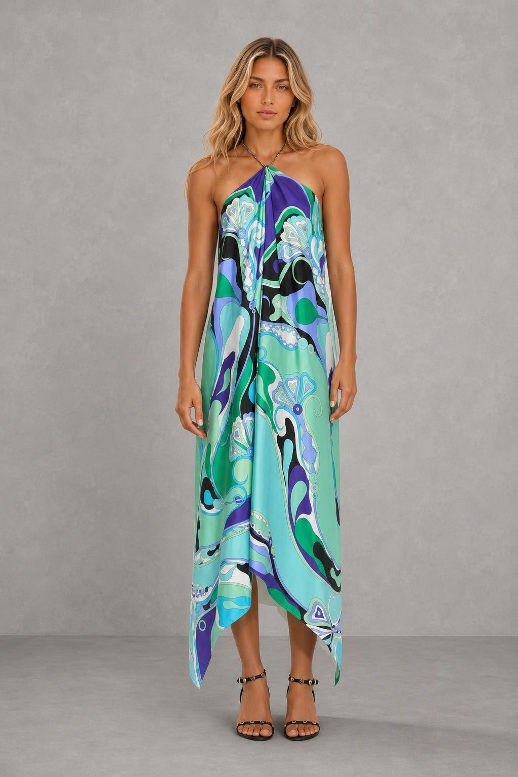 Additional view of Amara | Printed Halter Asymmetric Maxi Dress