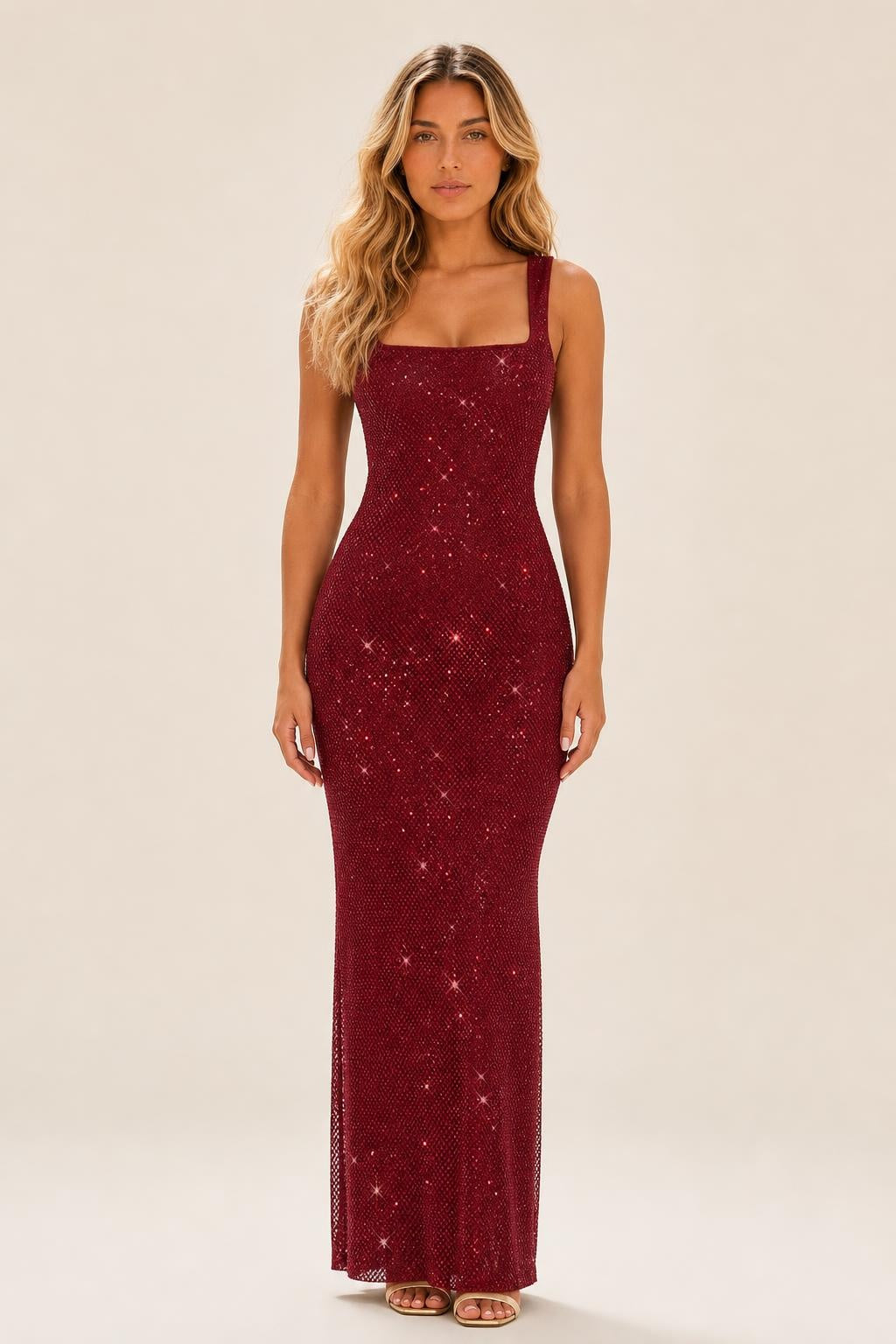 Celeste | Metallic Square-Neck Backless Maxi Dress