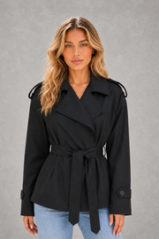 Sadie | Tie-Waist Short Trench Jacket — studio_front — Sofia [f36c9f6a-61c1-4615-ba2b-4f48fb5a4552]