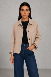 Zoe | Check-Cuff Cropped Trench Jacket — studio_front — Helena [2357a6c3-92b9-4dec-988b-46e334241a35]