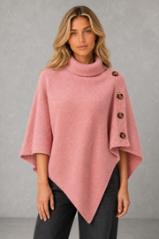 Darcie | Button-Shoulder Asymmetric Knit Poncho — studio_front — Sofia [a5935d2b-70f1-4622-bea3-55b3d36e944f]